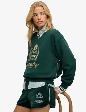 Superdry Damen Country Club V-ausschnitt-sweatshirt in Lockerer Passform Green - Größe: 38 - 74.99 - FashionsVida