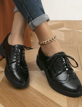 Zapatos Oxford con cordones de otoño 2025, zapatos planos de mujer de color negro sólido elegante, mocasines para mujer - Shein - FashionsVida