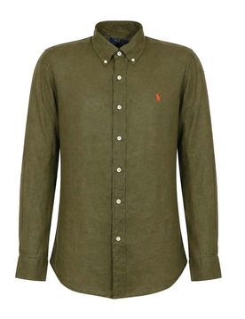 Camicia Button-Down In Lino Dark Green