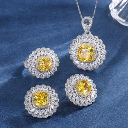 New European and American style vintage yellow diamond square luxury inlaid pendant earrings ring jewelry set