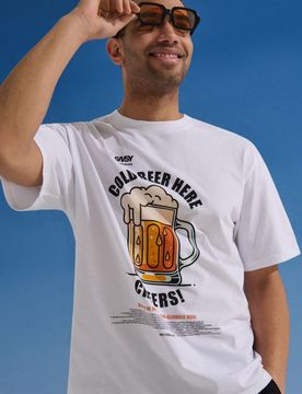 T-shirt in cotone con stampa birra - bianco