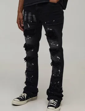 Men's Stacked Skinny Extreme Frayed Paint Splatter Flared Jeans Washed Black Size 32 Washed Black 32 - boohooMAN - FashionsVida