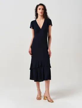 Crepe V-Neck Midi Tiered Tea Dress Navy female - GHOST - FashionsVida