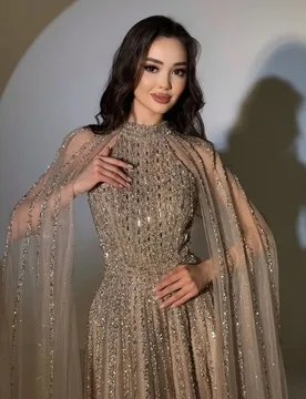 Customized Elegant Formal Gown Champagne Beaded Sequin Luxury High Neck Cape Sleeve Lace Prom Wedding Party A-line Floor Dress - Aliexpress - FashionsVida