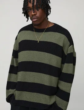 Men's Tall Oversized Boxy Stripe Distressed Knitted Jumper Khaki Size Large Khaki L - boohooMAN - FashionsVida