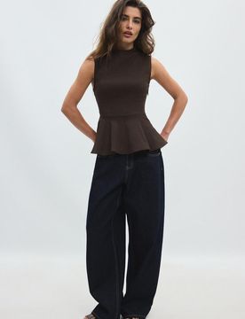 Ärmelloses Schößchen-Top mit Stehkragen Braun XL