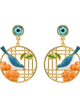 Autumn Winter New Chinese Style Mini Persimmon Enamel Earrings Blue Bird Orange Fruit Round Gold Frame Earrings Exquisite - Aliexpress - FashionsVida