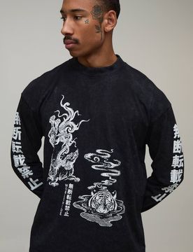 Herren Übergroßes Tigerdruck Gewaschenes Langarm-Oberteil Washed Black Größe Large