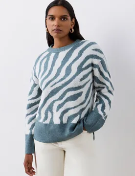 Tully Animal Print Knitted Sweater - Duck Egg Blue - Size: 20 - Finery London - FashionsVida