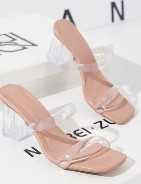 Sandalias de tacón transparente con doble correa y tacones asimétricos para mujer - Shein - FashionsVida
