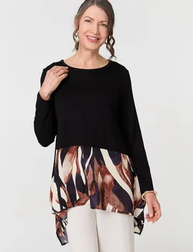 Womens Black Colour Block Curve Hem Relaxed Tunic - Size 12 Uk - Izabel London - FashionsVida