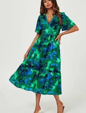 Women's Abstract Floral Print Lace Detail Angel Sleeve Maxi Dress in Green Size: XS - Green - Size: XS - FS Collection - FashionsVida