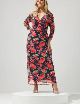 Women's Floral Knot Maxi Dress in Dark Navy Size: 22 - Dark Navy - Size: 22 - Yours - FashionsVida