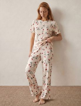 Pigiama a costine con motivo di rose - bianco
