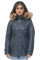 Women's Leather Hooded Parka Jacket-Putian in Navy Size: 18 - Navy - Size: 18