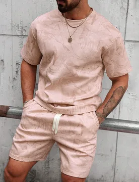 Set de 2 piezas de camiseta de cuello redondo de manga corta con estampado total y pantalones cortos casuales para hombres, conjunto de 2 piezas de ve - Shein - FashionsVida