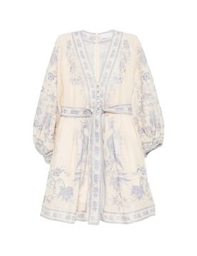 V-Neck Linen Mini Dress with Button-Down Front, Removable Belt & Invisible Back Zip (Size 0)