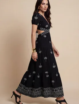Women's Open Pen Back Tirered Maxi Dress Black Pattern Size: 12 - Black - Size: 12 - Urban Bliss - FashionsVida