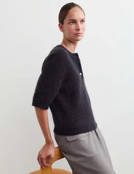 Wool Blend Ribbed Button Detail Jumper Charcoal female - Jaeger - FashionsVida