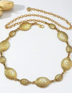 Cadena de cintura dorada elegante para mujer - Colgante ovalado grabado, cinturón de mezclilla vintage, adecuado para festivales occidentales, uso di - Shein - FashionsVida