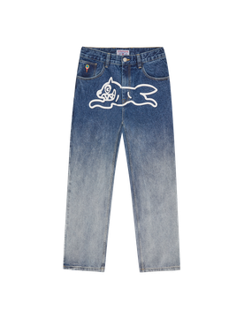 Fade Out Running Dog Double Scoop Denim Pants - Mid Wash