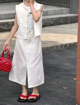 Conjunto de 2 piezas para niñas preadolescentes: chaleco de mezclilla + falda de mezclilla con dobladillo , verano