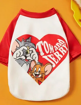 Pieza Camiseta para mascotas con estampado de dibujos animados de amor lindo, empalme rojo y blanco, elástica & cómoda, ideal para gatos y perros, u - Shein - FashionsVida
