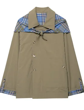 Khaki Reversible Jacket Women Plaid Shawl Scarf Collar Single Breasted Vintage Casual Two-Way Trench Coat Women Outwear - Aliexpress - FashionsVida