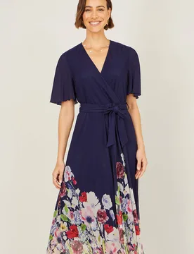 Women's Navy Mesh Wrap Midi Dress With Floral Hem Border Size: 16 - Navy - Size: 16 - Yumi - FashionsVida