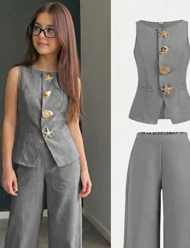 Conjunto de top sin mangas y pantalones largos de unicolor tejido para niña preadolescente, moda casual, versátil, para fiesta, streetwear, foto con - Shein - FashionsVida