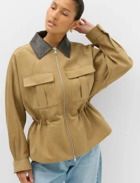 Suedette Collared Peplum Utility Jacket Tan female - M&S - FashionsVida