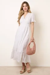 Women's Shirred Waist Ivory Short Sleeve Slip On V-neck Midi Dress Size: Small - Ivory - Size: S