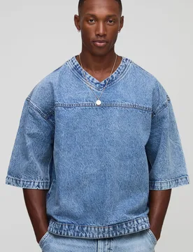 Mens Oversized Boxy V Neck Denim Hockey T-Shirt - Blue Cotton - Size X-Small - boohooMAN - FashionsVida