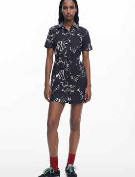 Robe courte imprimée, Coton, Noir, XS