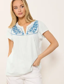 Women's Embroidered Cotton Notch Neck Top in White Size: 16 - White - Size: 16 - M&Co - FashionsVida