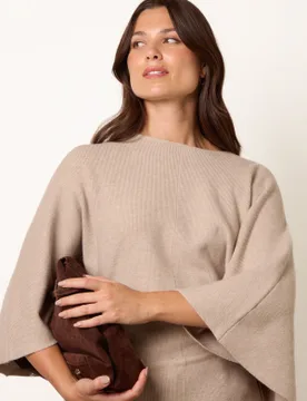 Tie Waist Batwing Knit Jumper - ONE / BEIGE MELANGE - female - Blue Vanilla - FashionsVida