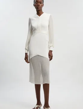 Womens Woven Sleeved Pleated Dress With Pu - White Viscose - Size Large - Karen millen - FashionsVida