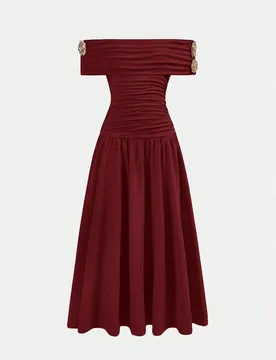 Vestido largo de punto con hombros descubiertos y fruncido para niña preadolescente, color rojo liso, estilo retro elegante, para vuelta al cole, fie - Shein - FashionsVida
