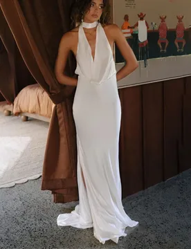 Halter Neck Wedding Dress Backless Sleeveless Bridal Gowns Vestido De Novia Modern Bride Dress Luxury Marriage Gown For Women - Aliexpress - FashionsVida