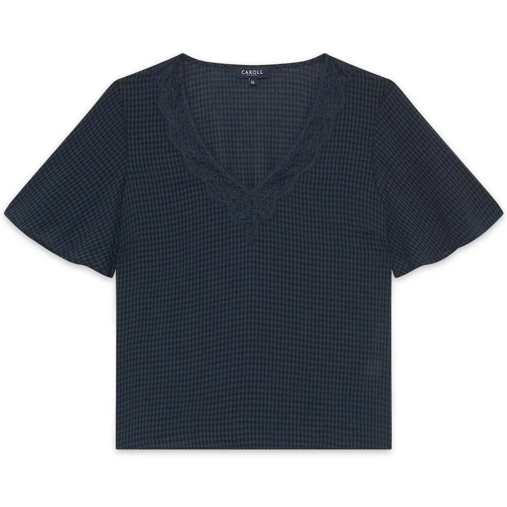 Camiseta de mujer con cuello pico y estampado de cuadros - Caroll - FashionsVida