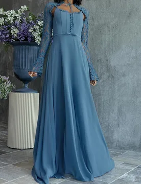 Customized Strapless Simple Jersey A-line Evening Dress With Lace Cape Full Sleeves Party Dress Backless Floor Length Prom Gown - Aliexpress - FashionsVida