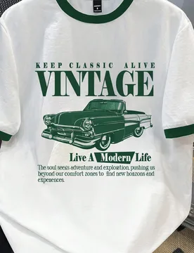 Camiseta casual de cuello redondo para hombre con manga verde, eslogan y gráfico de coche en contraste, talla estándar - Shein - FashionsVida