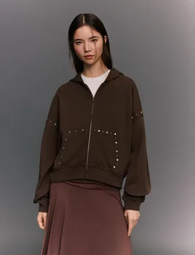 Sweat À Capuche Zippé À Clous Xs Marron - Bershka - FashionsVida