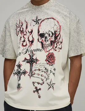 Mens Ecru Oversized Doodle Print Spray Wash T-Shirt Cotton - Size Small - boohooMAN - FashionsVida