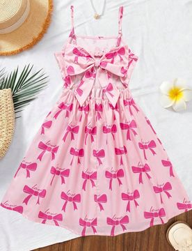 Vestido de tirantes para niña preadolescente, estampado de mariposas rosas, lindo y alegre, con tirantes suaves y diseño de gran lazo en la espalda,