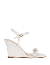 Leather Buckle Floral Strappy Wedge Sandals White female
