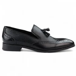 Mens Black Tassel Moccasin Loafers Smart Slip-On Dress Shoes Faux Leather - Size Eu 41