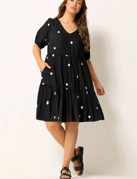 Women's Polka Dot Tiered Smock Dress in Black Size: 20 - Black - Size: 20 - Yours - FashionsVida
