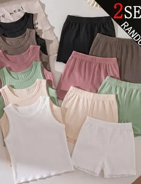 Sets Envío Aleatorio de 2 Sets] Conjunto de 8 piezas de top de tirantes de cuello redondo de punto acanalado y shorts para niña joven otoño/inviern - Shein - FashionsVida