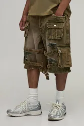 Herren Fallschirm Extrem Gewaschene Multi Cargo Zerrissene Shorts Washed Khaki Größe 34